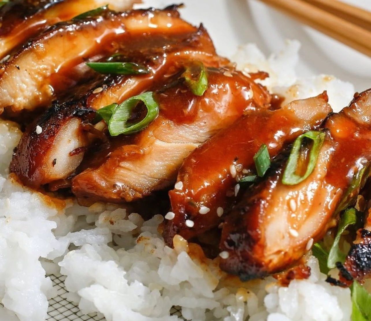 Glazed chicken over rice